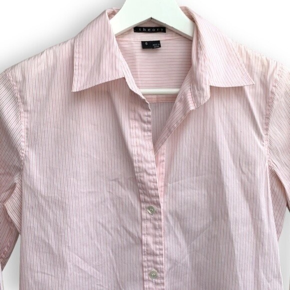 Theory Shirt Button Down Long Sleeve Orange White Stripe - Picture 2 of 9